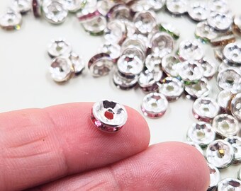 Bulk Rondelle Rhinestone Silver Plated Beads, 8mm Beads, Pack of 100, Jewelry Making Supplies