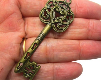 2 Key Heart Pattern Antique Bronze, 59x11mm Key Pendants, Jewelry Making Supplies  G1663