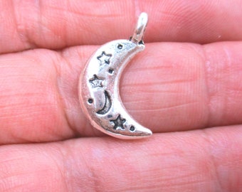 Half Moon Star Carved Antique Silver Charms, Pack of 5/10 Charms, 19x11mm Moon Charms, Jewelry Making Supplies G1913