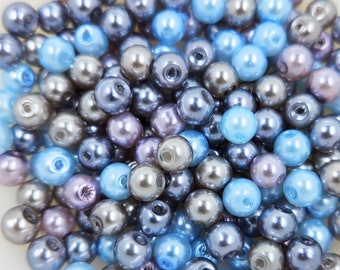 Blue Grey Beads Glass Pearl Imitation, Pack of 50 Beads, 6mm Beads, Jewelry Making Supplies   6mmc