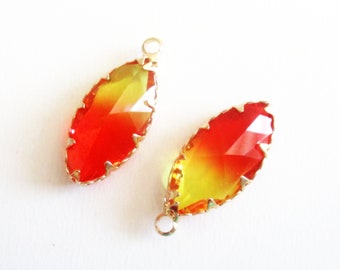 2 Marguise Glass Red Yellow Charms, 23x10mm Marguise Charms, Jewelry Making Supplies