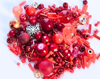 Red Mixed Glass Bead Lot, Jewelry Making Supplies