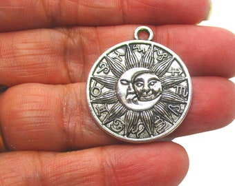 4 Antique Silver Boho Moon Sun Pendants , 29x25mm, Jewelry Making Supplies, Pendants  G1396