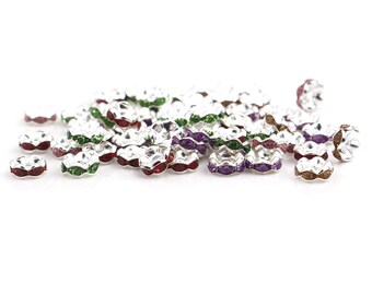 20 Rondelle Mixed Rhinestone Silver Plated Beads, 8mm Beads, Jewelry Making Supplies  G1757