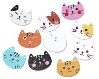 Cat Random Colors Wood Buttons, Pack of 10/20, 20x16mm Cat Buttons, Craft Supplies, Fasteners  (Box1B)