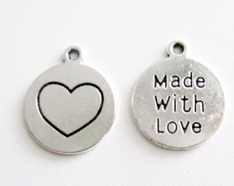 Made with Love Heart Antique Silver Charms, 22x18mm Made with Love Charms, Pack of 6, Jewelry Making Supplies (B1649)