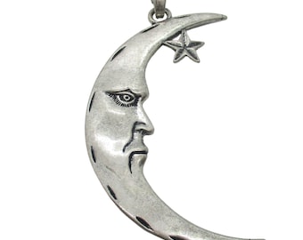 May include: Silver crescent moon pendant with a star at the top and a face on the moon.