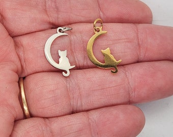 Cat and Moon Stainless Steel Charm, 21x10.5mm Charms, Gold or Silver, Jewelry Making Supplies