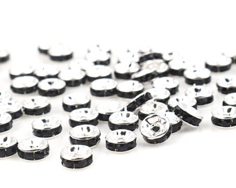 Rondelle Rhinestone Black Silver Plated Beads, Pack of 20, 6mm Beads, Jewelry Making Supplies  G1791