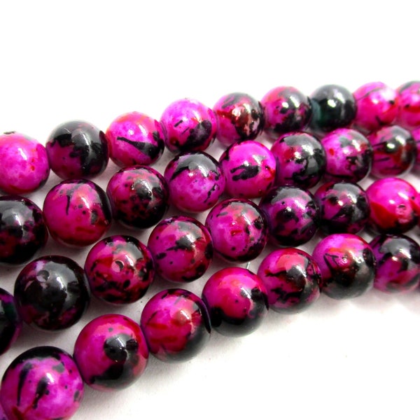 Perles de verre rondes chinées fuchsia, lot de 25/50 perles, 8 mm, accessoires pour fabrication de bijoux 8 mmboxA3