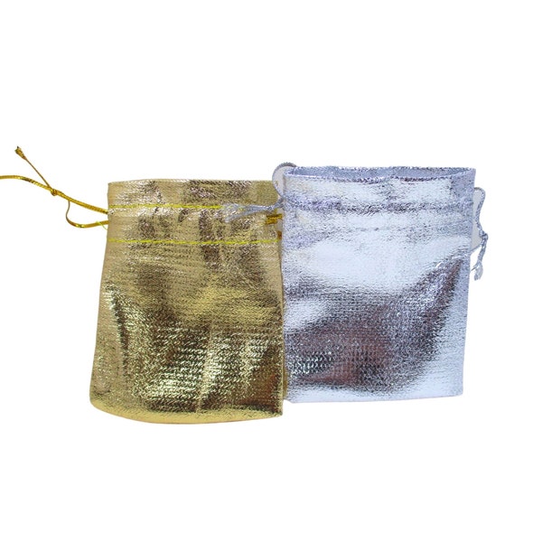 Terylene Cloth Draw String Bags, Pack of 10, Choice of Gold or Silver, 9x7cm, Craft Supplies