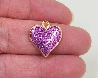Purple Heart Glitter Gold Plated Charms, Pack of 4 17x16mm, Jewelry Making Supplies G1840
