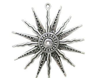 Large Sun Antique Silver Pendant, Jewelry Making Supplies  G1720