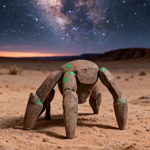 May include: A brown, segmented, robotic-looking creature with green accents stands in a desert landscape under a starry night sky. The creature has multiple legs and a rounded body, with green circular markings. The background features a vast desert and a vibrant night sky.