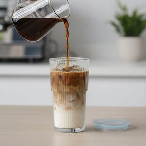 Puede incluir: Un vaso transparente lleno de hielo y leche, con caf&eacute; oscuro verti&eacute;ndose de una jarra de vidrio. El caf&eacute; crea un efecto de capas en el vaso. Una tapa azul claro est&aacute; sobre la mesa.