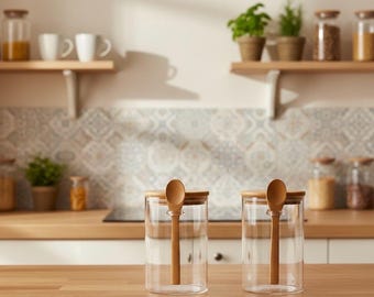 Szklane słoiki na kawę z bambusowymi pokrywkami i łyżeczkami – 18 uncji, hermetyczne, 2 sztuki | Prezent na Dzień Matki
