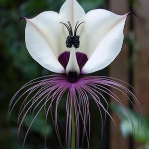 Puede incluir: Una flor de murciélago única con pétalos blancos bordeados de púrpura. El centro presenta un grupo oscuro y texturizado y una garganta de color púrpura intenso. Largos filamentos púrpuras en forma de hilo se extienden desde la base. La flor está sobre un tallo verde.
