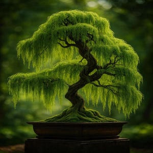 May include: A vibrant green bonsai tree with cascading foliage. The tree's trunk is a dark brown, twisting upwards from a mossy base in a rectangular brown pot. The background is a soft, blurred green.