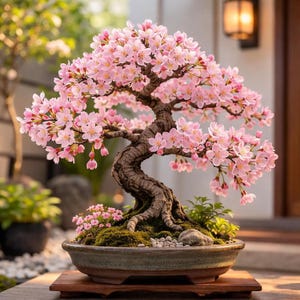 Könnte beinhalten: Ein Bonsai-Baum mit einem strukturierten Stamm und Ästen, die mit zarten rosa Blüten bedeckt sind. Der Baum steht in einem Keramiktopf mit Moos und kleinen Steinen auf einem Holzsockel. Der Hintergrund ist eine verschwommene Außenszene.