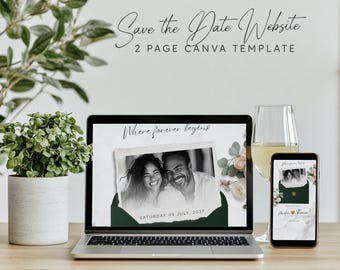 Green Floral Save the Date Website Template — Canva Wedding Website with Interactive Envelope, Digital Download