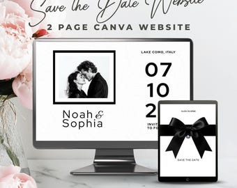 May include: A computer monitor and tablet display a wedding invitation design. The monitor shows a photo of a couple, the date, and location. The tablet displays a black bow and the words "Save the Date."