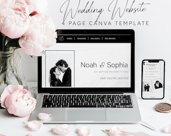 Modern Minimalist Wedding Website Template — 4 Page Canva Wedding Website with RSVP, Elegant Black White Design (Digital Download)