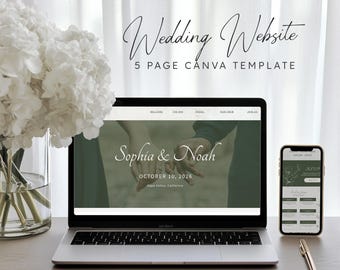 Modèle de site Web de mariage Magnolia : site Web de mariage Canva de 5 pages avec confirmation de présence et informations sur le voyage, motif floral vert sauge (téléchargement numérique)