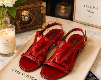 Vintage Louis Vuitton Patent Leather Flat Sandals | Red Monogram Designer Slides | Women's Luxury Shoes | Made in Italy