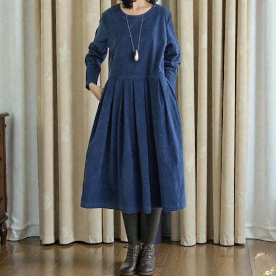 Elegant Corduroy Cotton Midi Dress | Long Sleeve Winter Dress - Etsy Elegant Corduroy Cotton Midi Dress | Long Sleeve Winter Dress - Etsy