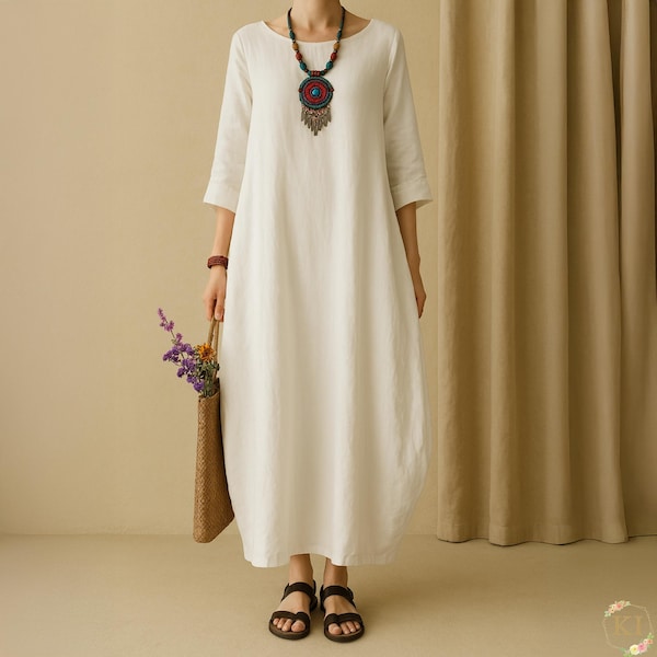 Elegant Oversized Cotton & Linen Long Dress – Retro Boho Style | Casual Maxi Dress