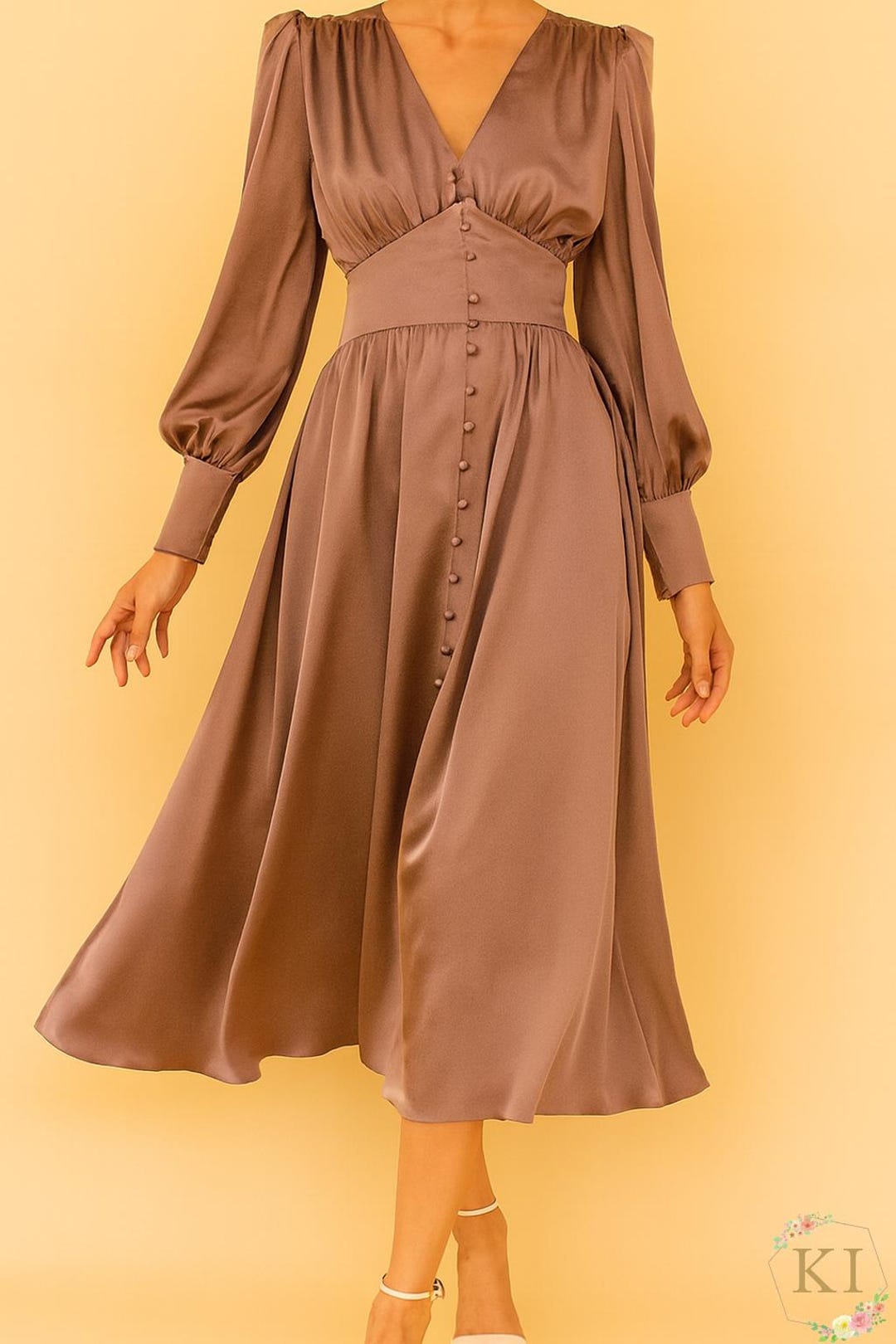 lantern sleeve satin dress Fitted Long Sleeve Satin Gown by Cinderella Divine 7482