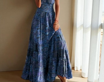 Bohemian Floral Maxi Dress | High Waist V-Neck Summer Dress