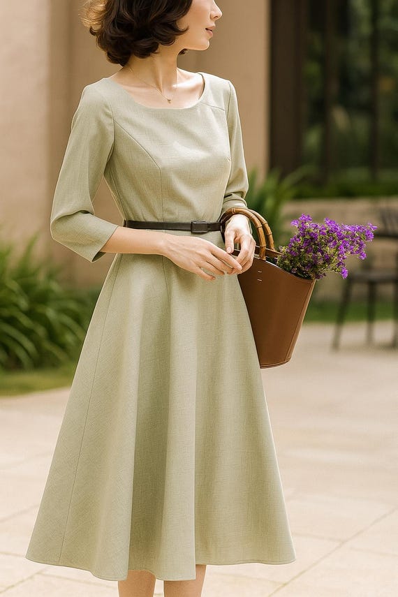 knee length dresses for ladies PRETTYGARDEN Summer Midi Dress 2025 Spring Ruffle Sleeve V Neck Cocktail  Wedding Guest A Line Fit and Flared Dresses (Bean Green,X-Large)