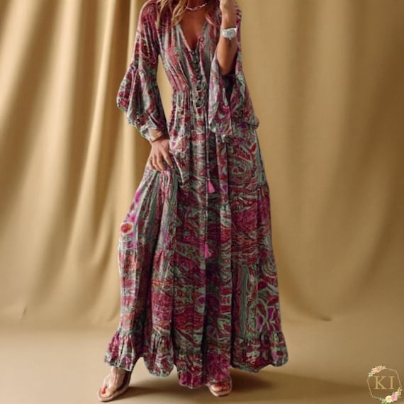 bohemian bell sleeve maxi dress Zapaka Women White Boho Long Sleeves Engagement Party Dress with Lace V-Neck Maxi Dress, White / M