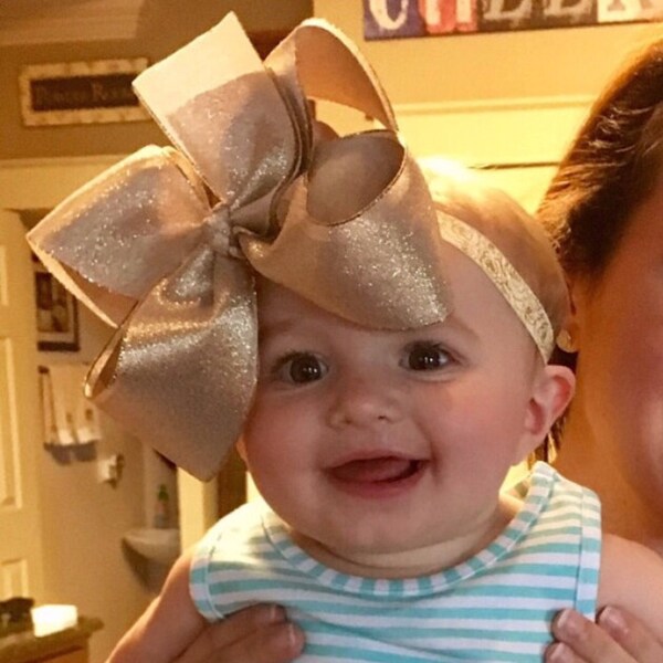Gold Bow -- Beautiful shimmering gold hair bow 6-7" extra large bow - optional headband
