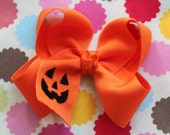 Halloween Bow Pumpkin Bow Large Orange Boutique Bow embroidered with jack-o-lantern - Choose 4-5 quot or 6-7 quot