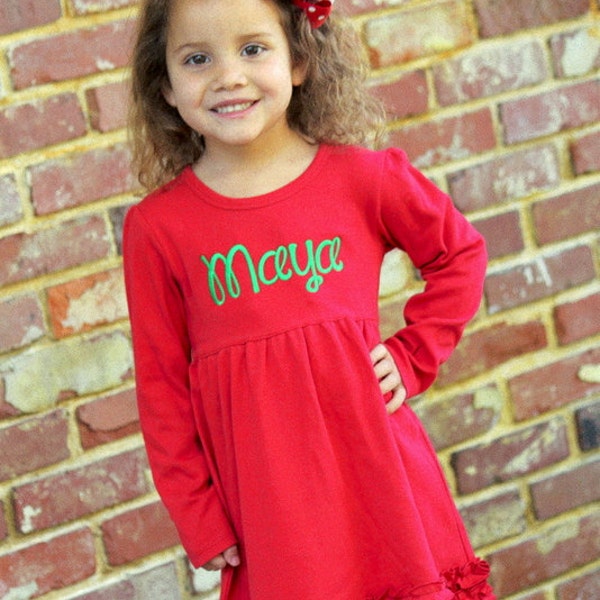 Red Ruffle Dress for Christmas -- sweet monogrammed long sleeve dress sizes 12m through 5