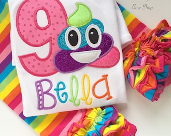 Poop Emoji Birthday shirt for girls -- Unicorn Poop Emoji -- bright colors with unicorn poop and her name in rainbow colors