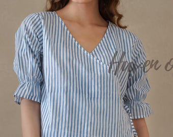 Stripe Hand Block Printed Cotton Wrap Blouse V Neck Top Side Tie Short Sleeve Shirt Bohemian Summer Top Dress for Women
