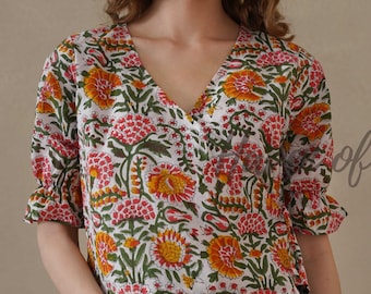 Women’s Cotton Floral Block Print Wrap Top V Neck Summer Blouse Adjustable Side Tie Shirt Lightweight Boho Resort Wear Tops Gift for Her