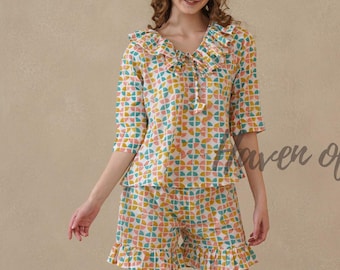 Conjunto de algodón estampado a mano, top y shorts estilo boho para vacaciones, conjunto de playa de verano.