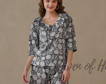 Conjunto coordinado con estampado floral gris y blanco, conjunto coordinado bohemio de verano para mujer.