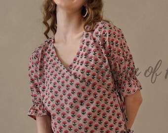Boho Floral Cotton Wrap Top Hand Block Printed Check Blouse Side Tie V Neck Shirt Lightweight Summer Soft Breathable Tops Dress for Women