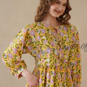 Yellow Floral Block Printed Cotton Women Dress, Long Sleeve Midi Dress With Pockets, Cocktail Party Casual Boho Day-To-Evening Wear Clothing