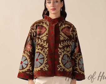 Velvet Suzani Embroidered Jacket: Traditional Bohemian Floral Outerwear