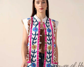 Women’s Embroidered Cotton Suzani Jacket Vest Boho Sleeveless Jacket Winter Layering Vest Christmas Gift for Her