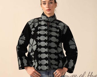 Embroidered Suzani Velvet Jacket, Handcrafted Boho Folk Art Outerwear