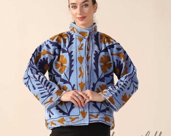 Velvet Suzani Embroidered Boho Jacket, Handmade Floral Coat