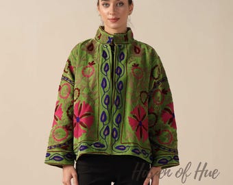 Handmade Velvet Suzani Jacket | Green Floral Embroidered Bohemian Coat