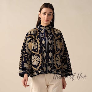 Handmade Velvet Suzani Embroidered Jacket for Women featuring artisan embroidery, boho style, ethnic outerwear, comfortable layering piece, perfect for fall, winter, festivals, travel, and unique gifts.